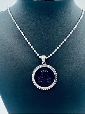 LAGOS ANTHEM Small Onyx Skull Crossbone Amulet and Sterling Silver Bead Chain